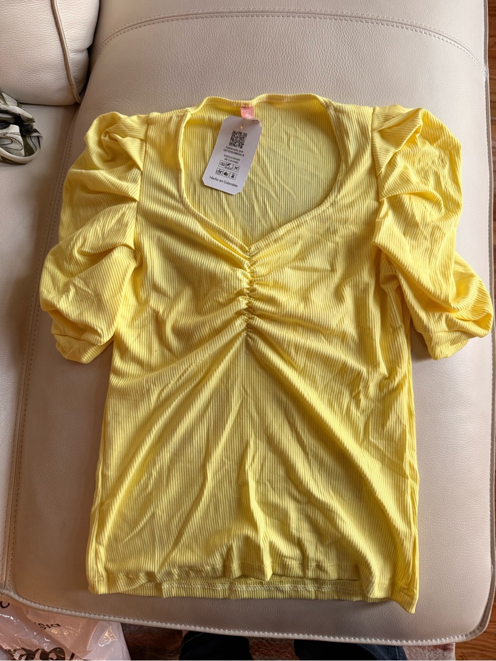Yellow Ruched V-Neck Puff Sleeve Top